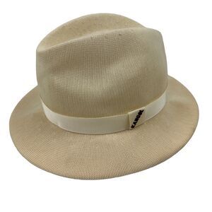VTG Kangol Design Made In England Brimmed Woven Hat Cream Ribbon Trim Tropic